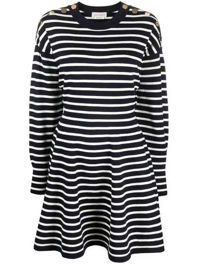 Alexander Mcqueen Striped Button-shoulder Mini Dress In Navy