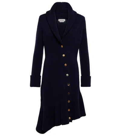 Alexander Mcqueen Asymmetric Ruffled Wool Mini Dress In Navy