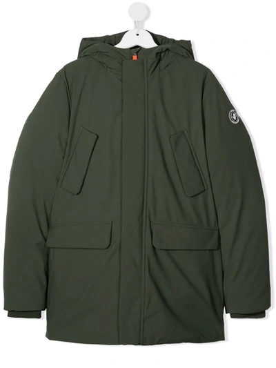 Save The Duck Teen Logo-patch Padded Hooded Coat In Green
