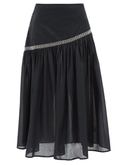 Merlette Elinga Embroidered Cotton-voile Asymmetric Skirt In Black