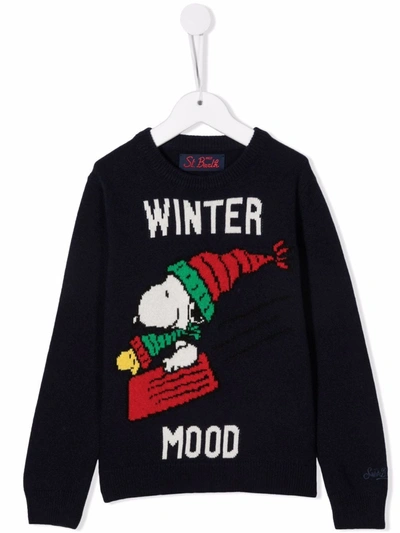 Mc2 Saint Barth Teen Cartoon-print Knitted Jumper In Blue