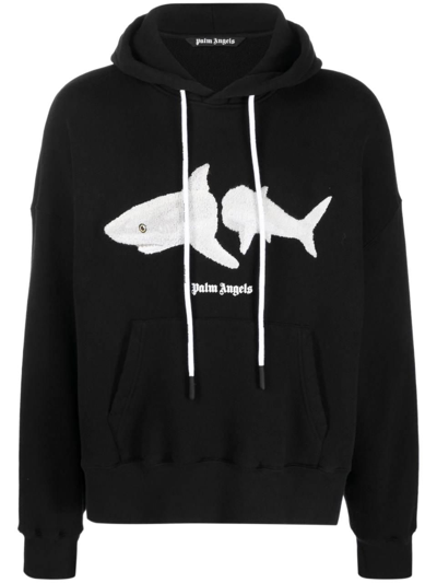 Palm Angels White Shark Long-sleeve Hoodie In Black