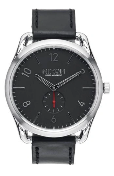 Nixon 'the C45' Leather Strap Watch, 47mm In Black/ Silver