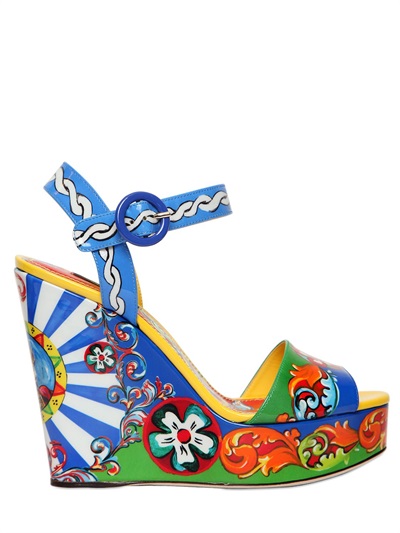 Dolce & Gabbana Sicily Patent Leather Platform Wedge Sandals In Multi ...