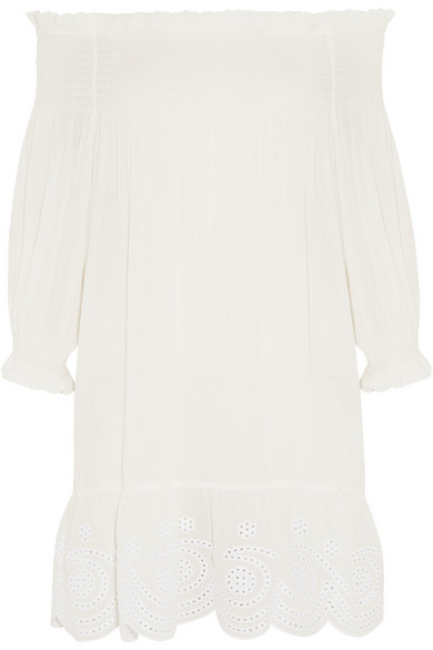 Tory Burch Off-the-shoulder Embroidered Smocked Voile Mini Dress | ModeSens