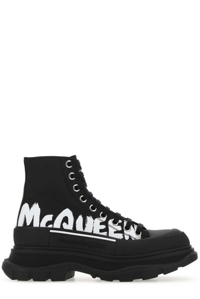 Alexander Mcqueen Tread Slick Logo-embossed Woven Ankle Boots In Black/white