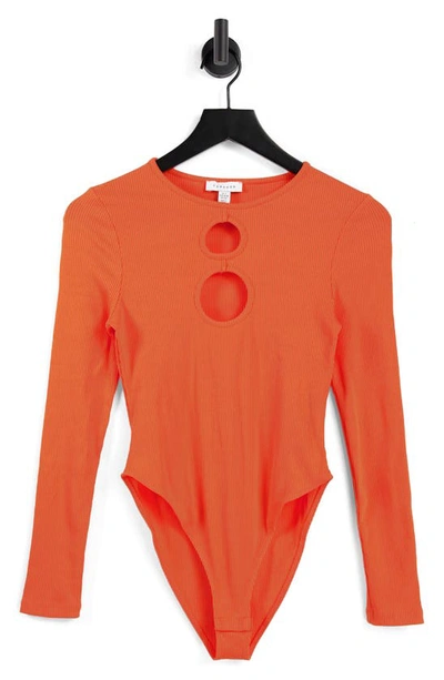 Topshop Long Sleeve Cut Out Bodysuit In Orange - Orange