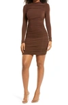 Naked Wardrobe Ruched Long Sleeve Cutout Minidress In Chocolate