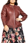 City Chic Ribbed Faux Leather Biker Jacket In Truffle