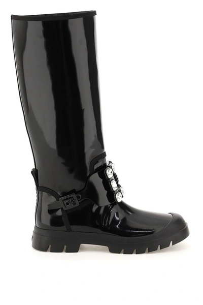 Roger Vivier Walky Viv Crystal-embellished Patent-leather Knee Boots In Black