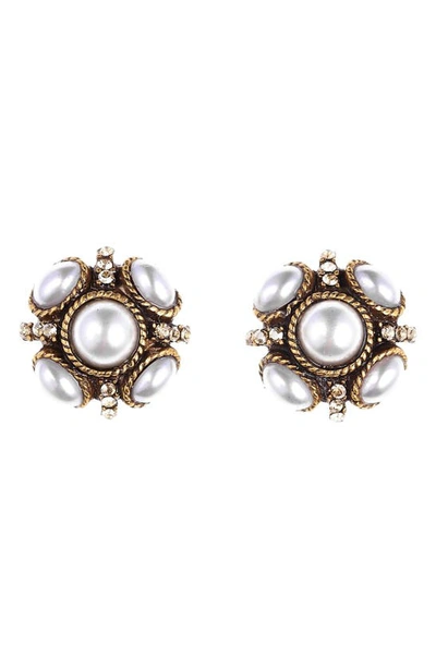 Oscar De La Renta Crystal & Faux Pearl Stud Earrings In Gold Pearl