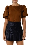 English Factory Poplin Puffed Sleeve Top In Brown