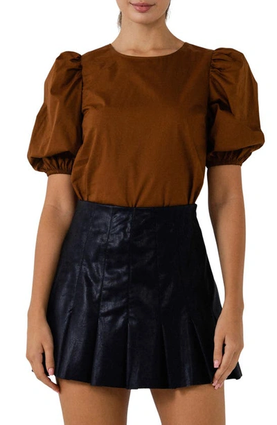 English Factory Poplin Puffed Sleeve Top In Brown