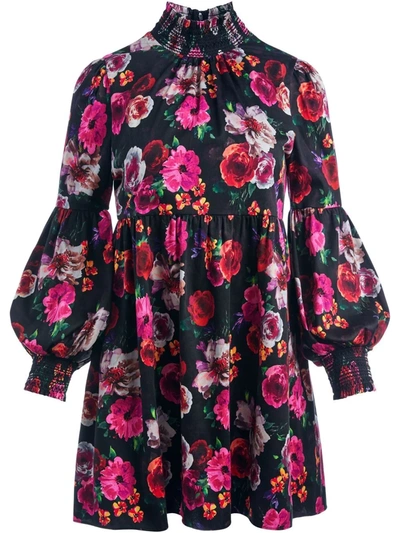 Alice And Olivia Thea Gathered Floral-print Stretch-cotton Mini Dress In Midnight Rose