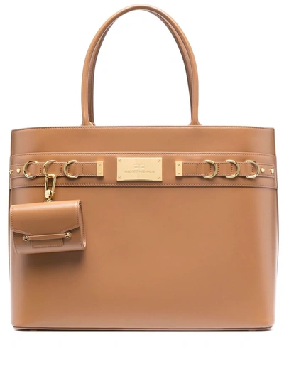 Elisabetta Franchi Logo Plaque Shopping Bag In Brown