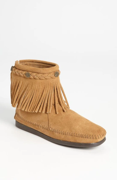 Minnetonka Fringed Moccasin Bootie In Taupe