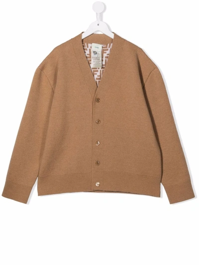 Fendi Kids' V-neck Knitted Cardigan In Brown
