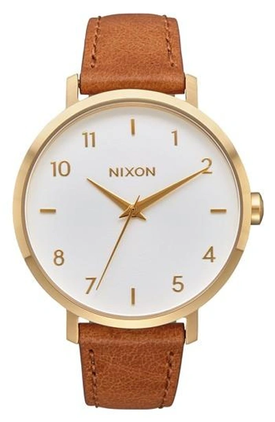 Nixon The Arrow Leather Strap Watch, 38mm In Saddle/ White/ Gold