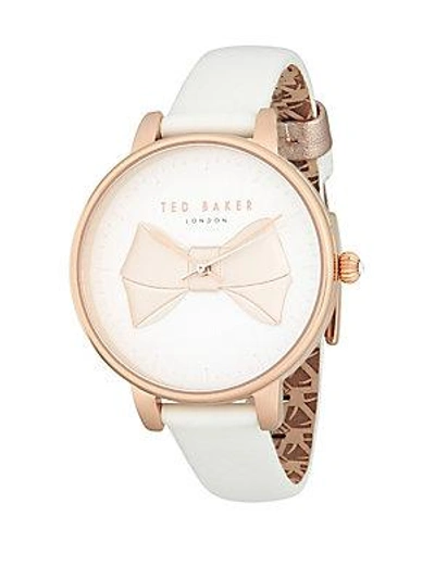 Ted Baker Stainless Steel And Leather Strap Watch In White/ Rose Gold