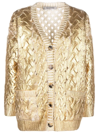 Valentino Metallic-effect V-neck Cardigan In Gold