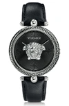 Versace Palazzo Empire Leather Strap Watch, 39mm In Black/ Silver