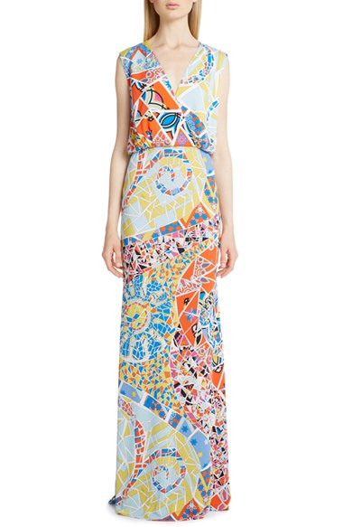 Emilio Pucci Print Jersey V-neck Gown In Light Blue/ Orange | ModeSens