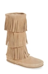 Minnetonka 3-layer Fringe Boot In Stone Suede