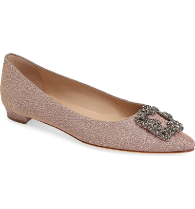 Manolo Blahnik 'hangisi' Jeweled Pointy Toe Flat In Champagne Fabric