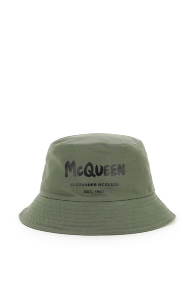 Alexander Mcqueen Bucket Nylon Hat With Logo Print In Khaki