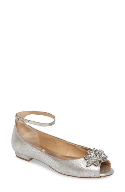 Badgley Mischka Kaidence Embellished Peep-toe Flat In Silver Suede