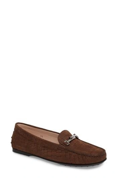 Tod's Tods Croc Embossed Double T Loafer In Dark Brown