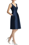 Alfred Sung V-neck Satin Cocktail Dress In Midnight