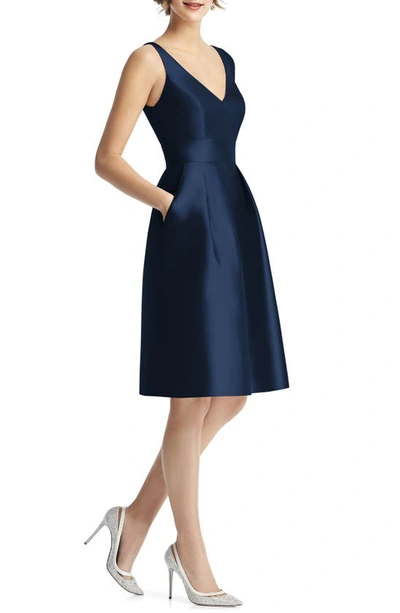 Alfred Sung V-neck Satin Cocktail Dress In Midnight