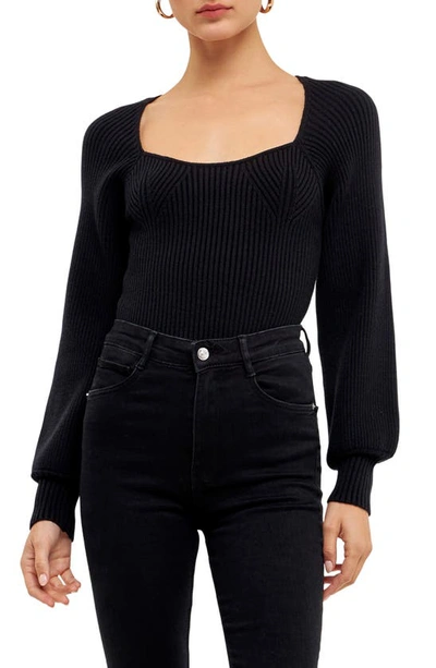 Endless Rose Ribbed Bishop Sleeve Top In Black