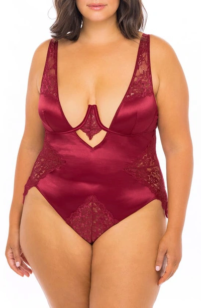 Oh La La Cheri Plus Size High Apex Lingerie Teddy With Deep Plunging Neckline And Lace Inserts In Red