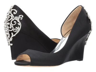 Badgley Mischka Meagan Embellished Peep Toe Wedge In Black Satin