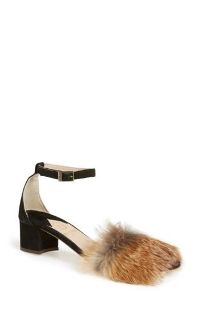Brother Vellies 'dhara' Genuine Fox Fur Ankle Strap Sandal In Black