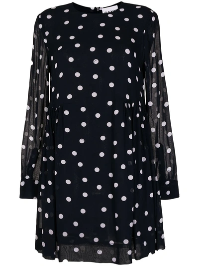 Ganni Polka Dot Long Sleeve Minidress In Blue