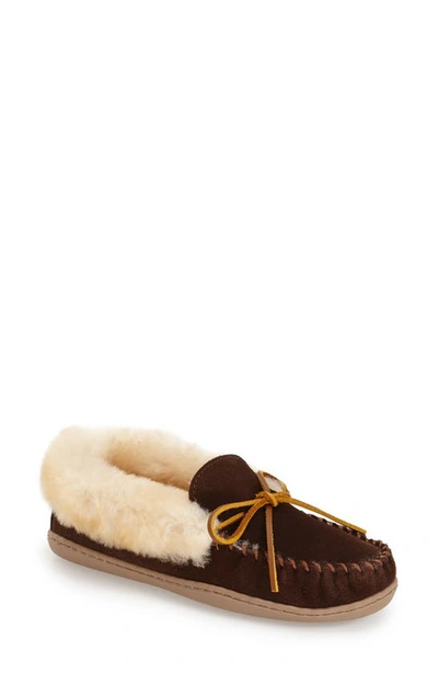 Minnetonka 'alpine' Genuine Shearling Moccasin Slipper In Chocolate