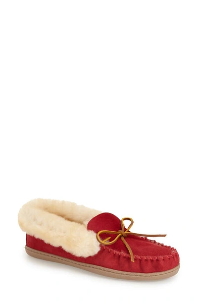 Minnetonka Women's Alpine Sheepskin Moccasin Slippers Women's Shoes In Red Suede