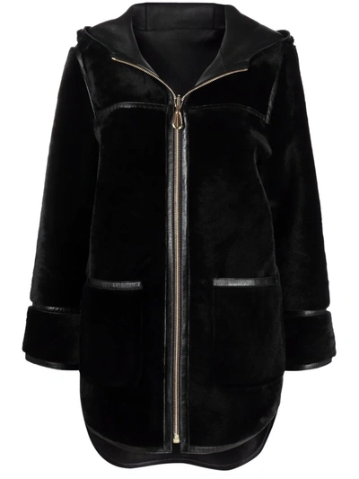 Sandro Womens Noir Gris Reversible Hooded Shearling And Leather