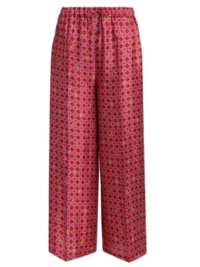 Max Mara Robin Monogram-print Wide-leg High-rise Silk-satin Trousers In Pink