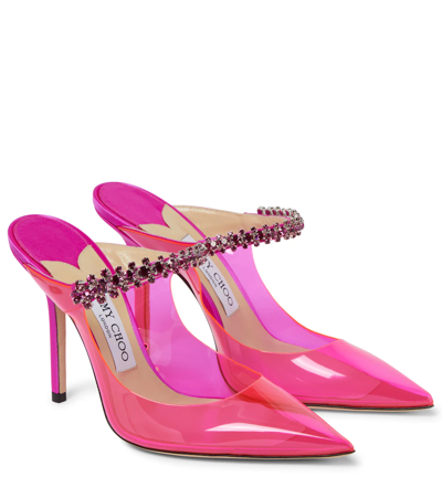 Jimmy Choo Bing 100 Neon Pvc And Crystal-embellished Satin Mules In Pink
