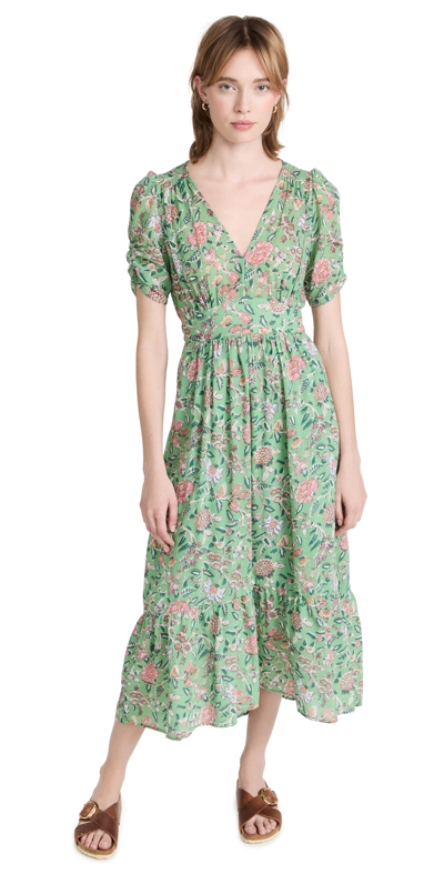 Xirena Camelia Floral Print Puff Sleeve Cotton Dress In Green | ModeSens