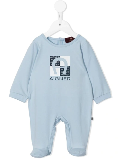 Aigner Logo Print Cotton Babygrow In Blue