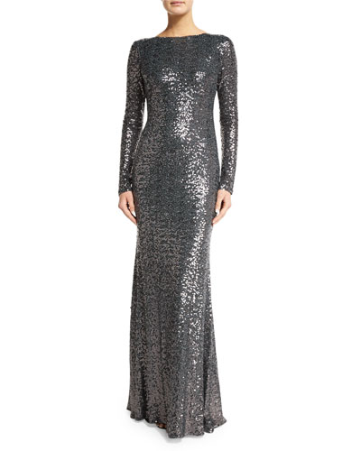 Badgley Mischka Long-sleeve Cowl-back Sequined Mermaid Gown In Charcoal ...