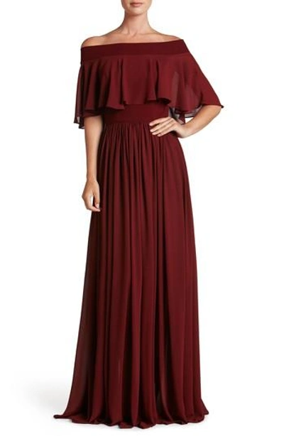 Dress The Population Violet Off The Shoulder Chiffon Gown In Burgundy