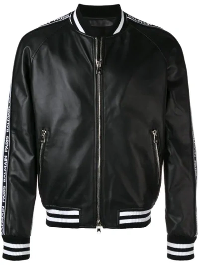 Balmain Logo Stripe Bomber Jacket In Black