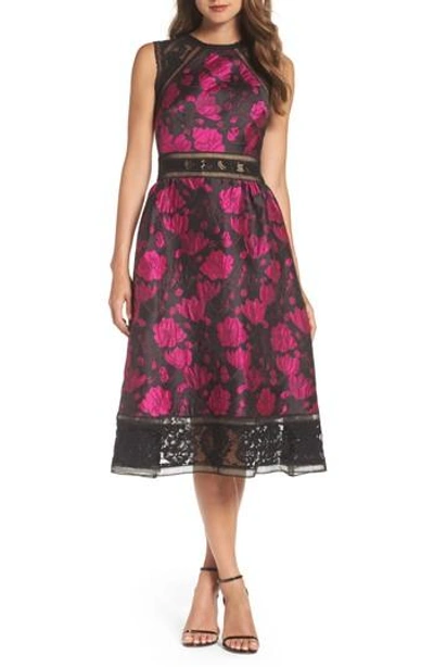 Tadashi Shoji Lace Trim Rose Jacquard Midi Dress In Fuschia Black