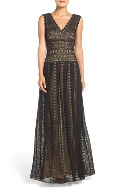 Tadashi Shoji Crochet Lace Fit & Flare Gown In Black/ Nude